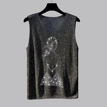 브이넥티셔츠민소매 니트조끼 여성 핏아우터 여름옷 상패 핫픽스 명주실 이너웨어 티셔츠상의 2239846030, 블랙, 프리