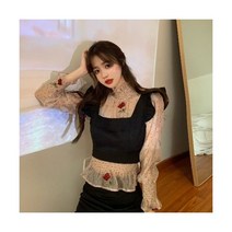 리본 타이 블라우스 노미쿠마 장미 자수 도트 여성 스탠드넥 숏 셔츠 프릴 민소매 조끼 베스트
