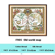 실 십자수 세트 명화 액자 그림 오래된 세계지도 크로스 스티치 키트 인쇄 캔버스 손, 하얀, 실크 실, 18ct 언프린트 캔버스