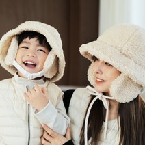 BAY-B 겨울 방한 뽀글이 양털 벙거지 털 모자 귀달이모자 아동+성인 세트