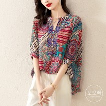 도오빠 여성 5부 블라우스 V넥 루즈핏 에스닉 패턴 편안한 여름 통기성 시원한 가벼운 여자블라우스