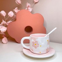 벚꽃커피잔 도자기커피잔 커피잔세트 싱글컵+접시+스푼 250ml, 핑크색