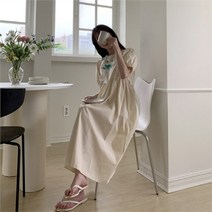 셀러허브 패션 여자 봄 여름 자수 퍼프소매 플레어 롱 원피스