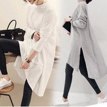 [실버캣] 여성 빅사이즈 A라인 절개 언발 롱 티셔츠 긴팔