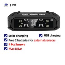 EACE K10 솔라 TPMS 자동차 타이어 압력 알람 모니터 시스템 타이어 온도 디지털 디스플레이 자동 보안 경보 시스템 6 센서, K10  4 Sensors+External Sensor