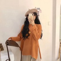 데시 디자인 여성용 캐시미어 양모혼방 무지 옆트임 긴팔 반 폴라 니트 티