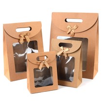 리본 투명창 선물상자 10개 25개 50개 100개 선물용 종이가방 크라프트 손잡이 선물 박스 답례품 포장 케이스 투명 선물백 캔들 쇼핑백 어린이집 생일 선물 포장 구디백 상자, 중