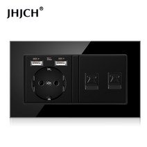 Jhjch-EU 표준 벽 소켓 + 전화 TV 강화 유리 블랙 rj45 cat6 벽 소켓 + 컴퓨터 인터넷 소켓 146*86mm, 18 USB 2Tel