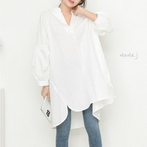 마마제이 여성 박시 루즈핏 퍼프 소매 롱 셔츠 남방 간절기 봄 가을 면 블라우스