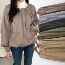 루즈핏 노카라 셔링 라운드넥 벌룬소매 집업 점퍼 봄가을코디 DK