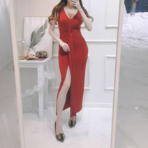 브이와이 VY 여자 보우 슬릿 시상식드레스 빨간색 롱원피스