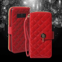 지퍼 퀼팅 다이어리 케이스 에나멜 소재 손목 스트랩 카드 수납 마그네틱 잠금 맥시 지퍼 다이어리