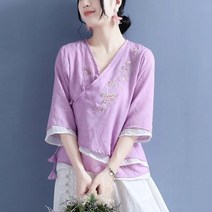 비대칭블라우스 쉬폰플라우스2022 여름 면과 린넨 자수 중간 소매 더블 레이어 기울어