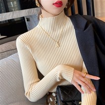 니트 가을 겨울스웨터 슬림 긴 소매 왕골 심플 이너웨어 반폴라 여성 3003846345