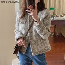 JUST FEEL!NG 체크 소향풍 모직코트 여성 가을 겨울 도톰 빈티지 쇼트 상의 데일리 포켓 재킷 라운드넥 트위드 자켓