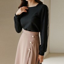스타일온미 블러셔 스퀘어넥 셔링 퍼프 레이스 레이어드 슬리브 블라우스 티