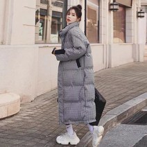 여성 체크 프린팅 하이넥 루즈핏 롱 패딩 오버핏 다운 자켓 블랙 중딩 고딩 대학생
