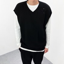 엠클로 남자 오버핏 셋업 3단쭈리 코튼 데미지 브이넥 조끼 베스트 남여공용 3컬러