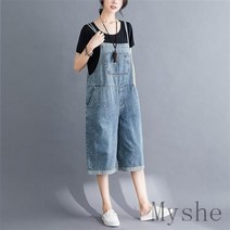 [Myshe] 빅사이즈 청 멜빵바지 여성 데님 멜빵 반바지 여름 Seven628FEI628BDK07