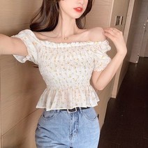[이꾸띠] 베호레이리 여성 여름 오프숄더 플라워 원컬러 짧은 블라우스