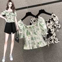 여름 통통 동생 빅사이즈 일자넥 프린트 조거 반팔 셔츠 블라우스