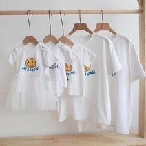 시밀러룩 커플룩 여름 스마일 반팔 패밀리 룩 부모 착용 유니섹스 순면 티셔츠 복 자매