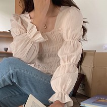 아이엠몽 여성 셔링 퍼프 숄더 벌룬 소매 스퀘어넥 블라우스 티셔츠 뷰르