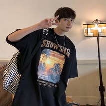 아메리칸 티셔츠 남반팔 여름 ins 조표 서해안풍 옷 헐렁헐렁 트렌드 순면 5분소매