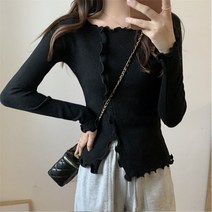 [이꾸띠] 어큐어리 봄 가을 2040 여성 신상품 많은 곳 라운드넥 무지 부분 프릴 귀여운 디자인 면 혼방 2컬러 블라우스