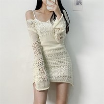 로담 세미 나팔 소매 니트 패턴 긴팔 원피스