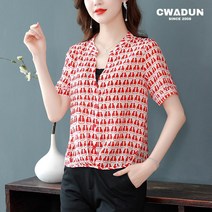 Cwadun 여성 블라우스 반팔 5부 V넥 나염 체크 여름 실크