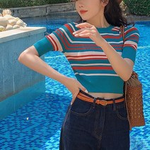 2021 New-아이템 줄무늬 스웨터 반소매티