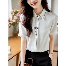 통근 장미 자수 반팔 쉬폰 셔츠 여름 블라우스 상의 여