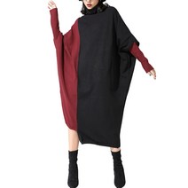 티티웍스 여성용 가오리 배색 폴라 니트 롱 원피스 여자 데일리 언발 긴팔 터틀넥 원피스 오버핏