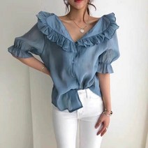 오리지널 엘레강스 퍼프소매 쉬폰 셔츠 상의 여