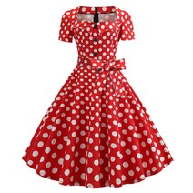 패션 womens 라인 플레어 빈티지 드레스 Bowknot Prom 스윙 짧은 소매 폴카 도트 인쇄 파티 드레스