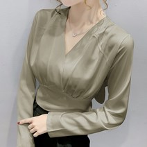 에블 대박걸 셔링 브이넥 새틴 긴팔 뒷 리본 여성 럭셔리 블라우스 3color S-XL