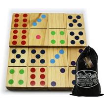 Matty's Toy Stop 디럭스 대형 나무 도미노 더블 6 (5인치) 컬러 도트 28피스 세트 보관 가방 포함, 한개옵션0