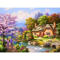 MJS 보석십자수 50 x 40 cm 캔버스형 세트 (비즈함 증정) BSX10, 냇가 풍경 -호수 정원
