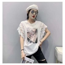 큐빅 포인트 레이스 프릴소매 티셔츠
