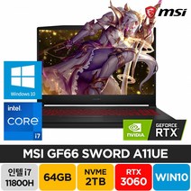 MSI GF시리즈 Sword GF66 RTX3060 윈도우10 주식 고사양 게이밍 노트북, A11UE, WIN10 Home, 64GB, 2TB, 코어i7, 블랙