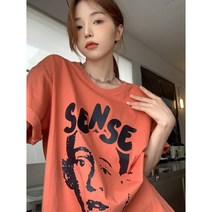 데일리룩 여름 인스 인플루언서 인두 프린트 루즈핏 라운드 반팔 티셔츠 상의 겉옷 디자인