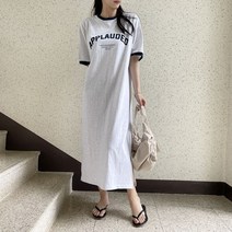 배색 반팔 레터링 박시 루즈핏 맨투맨 코튼 롱 원피스