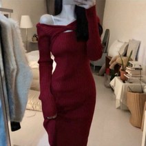 긴 소매 맥시 니트 스웨터 드레스 여성용 바디콘 레드 색상 시크하고 우아한 랩 가을 및 겨울용 니트원피스140533