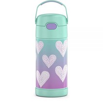 THERMOS 아동용 펀테이너 스테인리스 스틸 진공 보온 빨대 텀블러 12 oz 퍼플 하트, FUNTAINER 12 Ounce Bottle, Purple Hearts