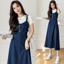 FANSYLI 데님 멜빵 스커트 봄여름 오버핏 미디 민소매 원피스 3A10