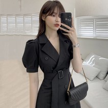 여성 블랙 정장 원피스 스타일 시크 숙녀 더블칼라 허리라인 더블라인 단추 퍼프 소매