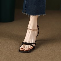 여성 프렌치 엘레강스 소프트 가죽 일자 스트랩 조리 샌들 여름 슬림 힐