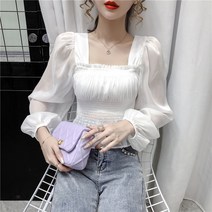 여성 스퀘어넥 긴소매 쉬폰 블라우스