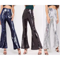 여성 유니크 바지 캐주얼 스팽글 반짝이 하이웨이스트 슬림 부츠컷